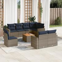 9-delige Loungeset met kussens poly rattan grijs