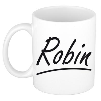 Robin Naam koffiemok - beker - met sierlijke letters - wit - 300 ml - Cadeau - Dames