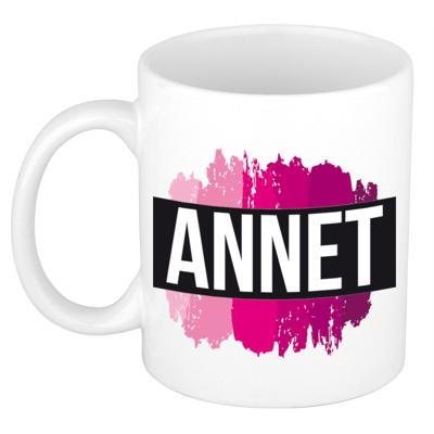 Annet naam cadeau koffie mok - beker - met roze verfstrepen - Cadeau collega - moederdag