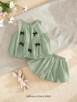 Bon&Bon 2pcs Baby Girl Bowknot Decor Round Neck Sleeveless Top And Elastic Waist Shorts Set Green / 18-24M