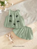 Bon&Bon 2pcs Baby Girl Bowknot Decor Round Neck Sleeveless Top And Elastic Waist Shorts Set Green / 18-24M
