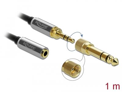 Delock 85780 stereo jack verlengkabel 3,5 mm 3-pins male naar female met 6,35 mm schroefadapter 1 m