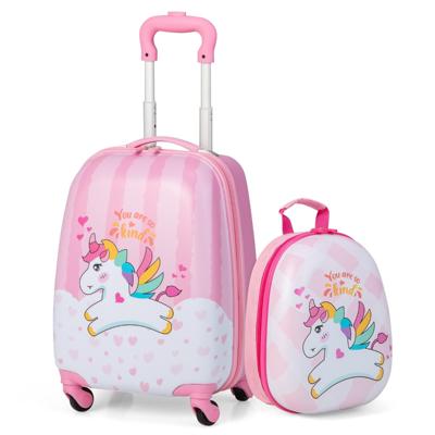 2-Delige Kinderkoffer + Rugzak Kindertrolley van Kunststof Kinderbagage Kinderkofferset Handbagage Roze Eenhoorns