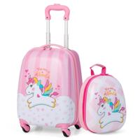 2-Delige Kinderkoffer + Rugzak Kindertrolley van Kunststof Kinderbagage Kinderkofferset Handbagage Roze Eenhoorns