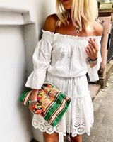 Ruffled 3/4 Sleeve Off Shoulder Weaving Dress - thumbnail