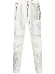 Balmain pantalon fuselé en cuir à broderies - Blanc