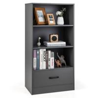 Opbergplank op 4 Niveaus Houten Plank met Lade Anti-Kantelboekenplank Staande Plank Vrijstaande Open Woonkamerplank