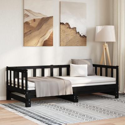 Slaapbank met onderschuifbed 90x200 cm massief grenenhout zwart