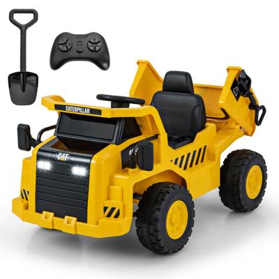 12V Kiepwagen om op te Zitten met Zandschep & Kiepbed & Megafoon Elektrische Kinderauto met Afstandsbediening Geel