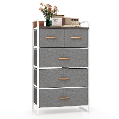 Commode met 5 Laden Opbergkast met Stoffen Vouwladen Massief Stalen Frame en Houten Blad voor Hal Garderobe Slaapkamer