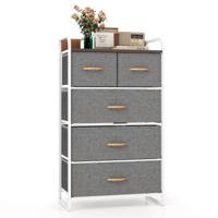 Commode met 5 Laden Opbergkast met Stoffen Vouwladen Massief Stalen Frame en Houten Blad voor Hal Garderobe Slaapkamer