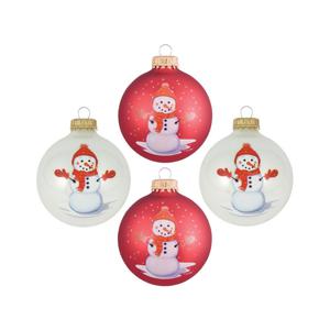 Gedecoreerde kerstballen - 4x st - rood/wit - D7 cm - glas - sneeuwpop