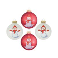 Gedecoreerde kerstballen - 4x st - rood/wit - D7 cm - glas - sneeuwpop - thumbnail