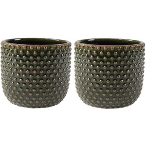 Plantenpot/bloempot Luxery Spike - 2x - keramiek - groen - Bolletjes motief - D14 x H13 cm