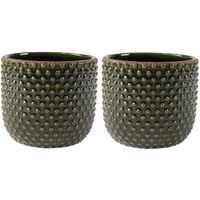 Plantenpot/bloempot Luxery Spike - 2x - keramiek - groen - Bolletjes motief - D14 x H13 cm