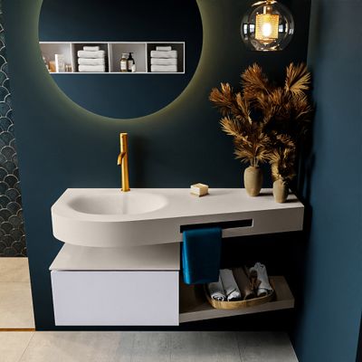 MONDIAZ RIVA 120cm badmeubel onderkast / planchet kleur Cale met 1 lade. Wastafel DULCET links 1 kraangat kleur Linen. MONDIAZ RIVA 120cm badmeubel onderkast / planchet kleur Cale met 1 lade. Wastafel DULCET links 1 kraangat kleur Linen.