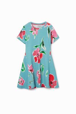 Korte geribde jurk bloemen - BLUE - 9/10 Korte geribde jurk bloemen - BLUE - 9/10