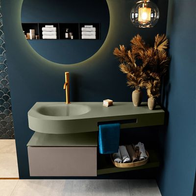 MONDIAZ RIVA 120cm badmeubel onderkast / planchet kleur Smoke met 1 lade. Wastafel DULCET links 1 kraangat kleur Army.