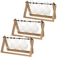 Stekvaasjes in houder - 3x stuks - hout - met 3 glazen vaasjes - 26 x 7 x 15 cm - stekstation