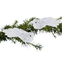 Kerstboomversiering Vogel - 2x stuks - 10 cm - Wit glitter - op clip - ornament