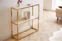 Elegante consoletafel BOUTIQUE 80cm wit kristalglas met marmeren decor gouden frame met twee planken - 42169 - thumbnail
