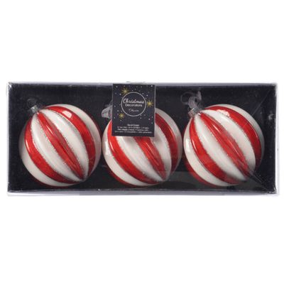 9x stuks luxe glazen kerstballen brass rood/wit gestreept met glitter 8 cm