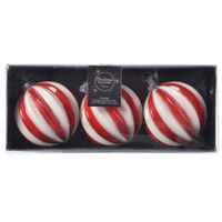 9x stuks luxe glazen kerstballen brass rood/wit gestreept met glitter 8 cm