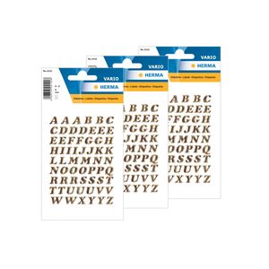 3x Stickervelletjes met 61x stuks plak letters alfabet A tot Z goud/folie 8 mm