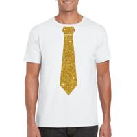Wit fun verkleedkleding t-shirt - met stropdas - in glitter goud - heren - korte mouwen