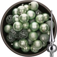 37x stuks kunststof kerstballen 6 cm mintgroen incl. glazen piek glans zilver - thumbnail