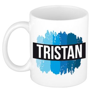 Naam cadeau mok / beker Tristan met blauwe verfstrepen 300 ml   -