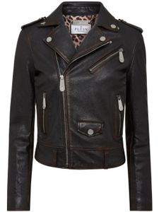 Philipp Plein veste de moto en cuir à patch logo - Noir