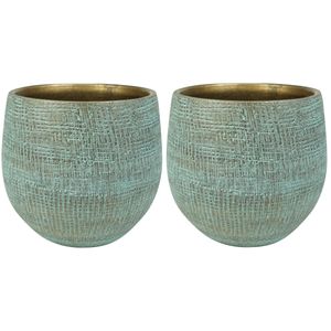 2x stuks plantenpotten/bloempotten in een strakke Modern design look shiny blauw Dia 22 cm en Hoogte