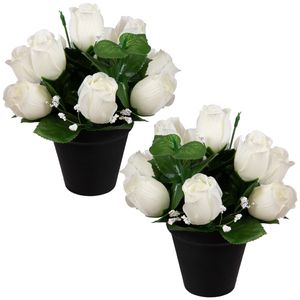 Kunstbloemen klein boeketje rozen in pot - 2x - wit - H25 cm - Bloemstuk - Bladgroen