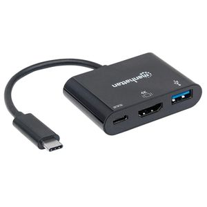 Manhattan 152037 USB / HDMI Adapter [1x USB-C stekker - 1x HDMI-bus, USB 3.2 Gen 1 bus A (USB 3.0), USB-C bus] Zwart UL gecertificeerd 0.08 m