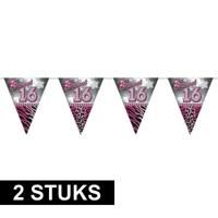 Sweet 16 Sixteen vlaggenlijn slinger - 2x stuks - plastic - 10 meter - versiering - roze/zilver