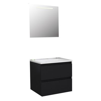 Badkamermeubel BWS Pepper Acryl Wastafel Met Kraangat Inclusief Spiegel Met LED Verlichting 60x55x46 cm Mat Zwart