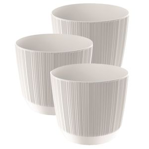 3x stuks moderne carf-stripe plantenpot/bloempot kunststof dia 19.5 cm/hoogte 17 cm parel wit