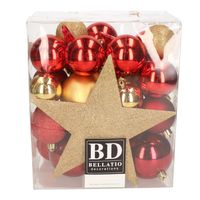 Bellatio Decorations set 33x stuks kunststof kerstballen met ster piek rood en goud