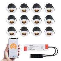 Set van 12 Olivia Smart LED Mini Inbouwspots - Veranda spots - 12V 3W 150lm - Dimbaar - Wifi & Bluetooth - 2700K - IP44 waterdicht - Wit Set van 12 Olivia Smart LED Mini Inbouwspots - Veranda spots - 12V 3W 150lm - Dimbaar - Wifi & Bluetooth - 2700K - IP44 waterdicht - Wit