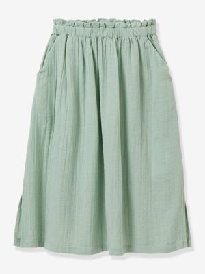 Lange rok van biologisch katoenen gaas saliegroen