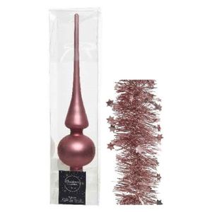 Kerstversiering glazen piek mat 26 cm en sterren folieslingers pakket oud roze van 3x stuks