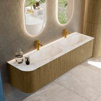 Badmeubel Mondiaz Kurve-Dlux | 175 cm cm | Meubelkleur Dusk | Wastafelkleur Frappe | Solid surface | Dubbel / Rechts spoelbak | 2 kraangaten