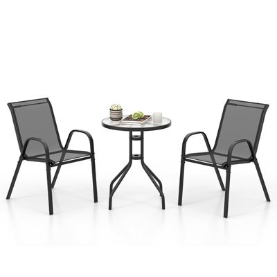 3 Stuks Buiten Bistroset Ronde Bijzettafel met 2 Stapelbare Stoelen Zitset met Tafelblad van Gehard Glas Eettafelset Zwart