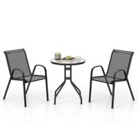 3 Stuks Buiten Bistroset Ronde Bijzettafel met 2 Stapelbare Stoelen Zitset met Tafelblad van Gehard Glas Eettafelset Zwart