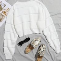 Bon&Bon Hot Pink Ribbed Knit Crop Sweater - Casual Drop Shoulder Pullover White / L