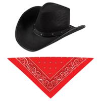 Carnaval verkleedset cowboyhoed El Paso - zwart - met rode hals zakdoek - voor volwassenen - thumbnail