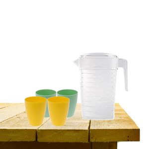Set van 1x waterkan 1 liter met drinkbekers 2x geel en 2x groen - Schenkkannen