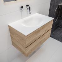 Mondiaz Vica Moon badmeubel eiken licht 80 cm 2 lades solid surface enkele spoelbak midden zonder kraangat - thumbnail