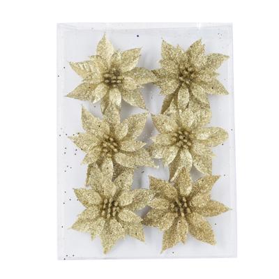 Kersthangers - 6x - bloemen ijzerdraad - glitter - goud - Decoratiebloemen - kerstboomversiering